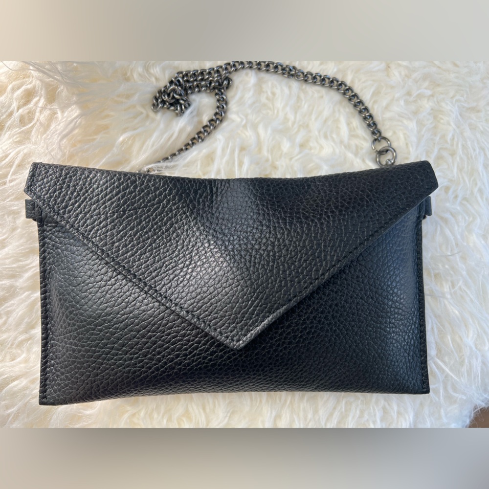 Authentic Furla Black Leather Envelope Clutch with chain